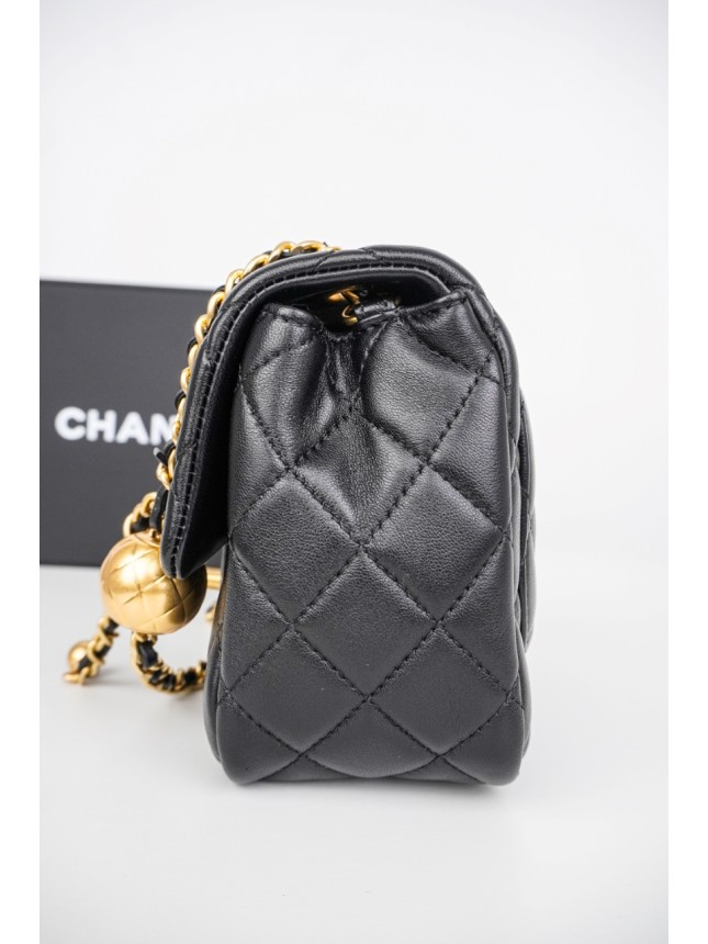 Chanel Classic Square Flap Bag with Gold Pearl Chain in Black