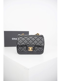 Chanel Classic Square Flap Bag with Gold Pearl Chain in Black