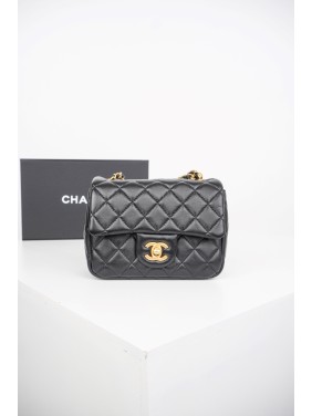 Chanel Classic Square Flap Bag with Gold Pearl Chain in Black