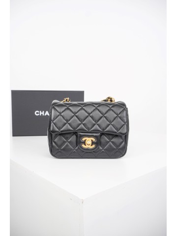 Chanel Classic Square Flap Bag with Gold Pearl Chain in Black