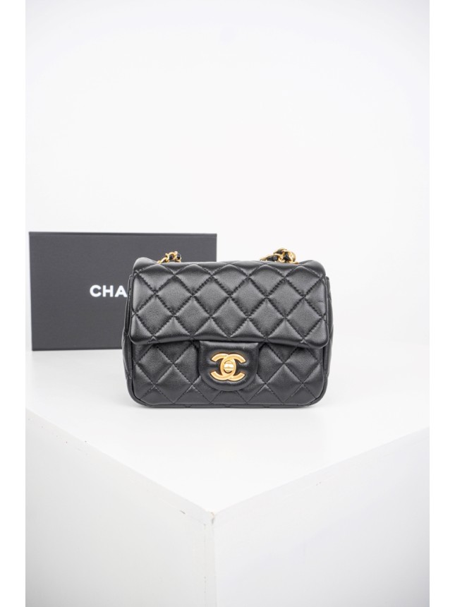 Chanel Classic Square Flap Bag with Gold Pearl Chain in Black
