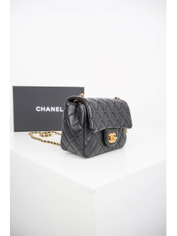 Chanel Classic Square Flap Bag with Gold Pearl Chain in Black