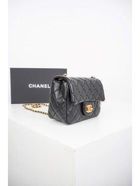 Chanel Classic Square Flap Bag with Gold Pearl Chain in Black