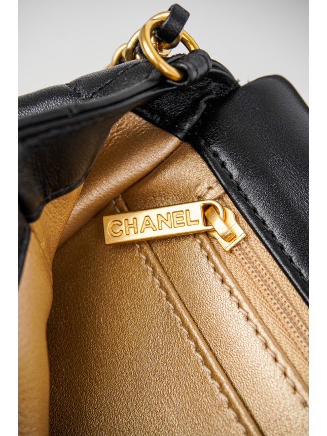 Chanel Classic Square Flap Bag with Gold Pearl Chain in Black