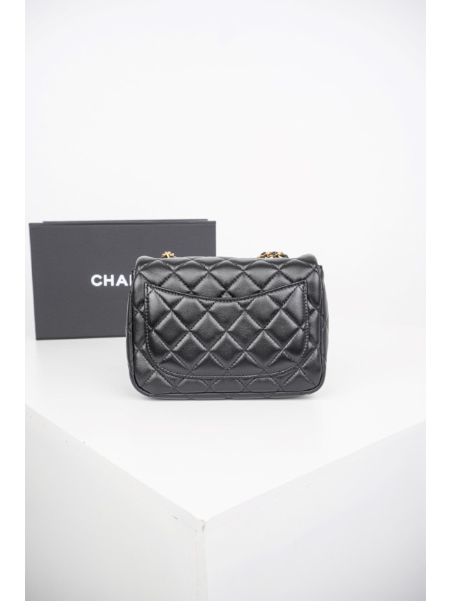 Chanel Classic Square Flap Bag with Gold Pearl Chain in Black