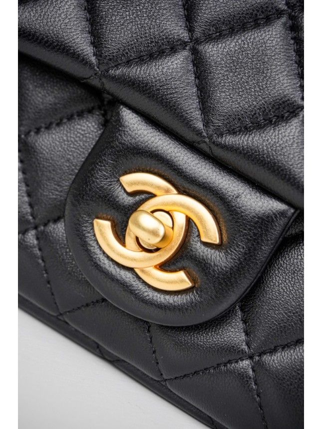 Chanel Classic Square Flap Bag with Gold Pearl Chain in Black