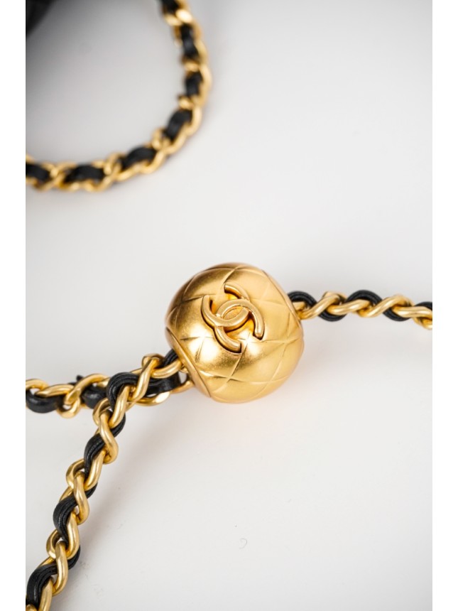 Chanel Classic Square Flap Bag with Gold Pearl Chain in Black